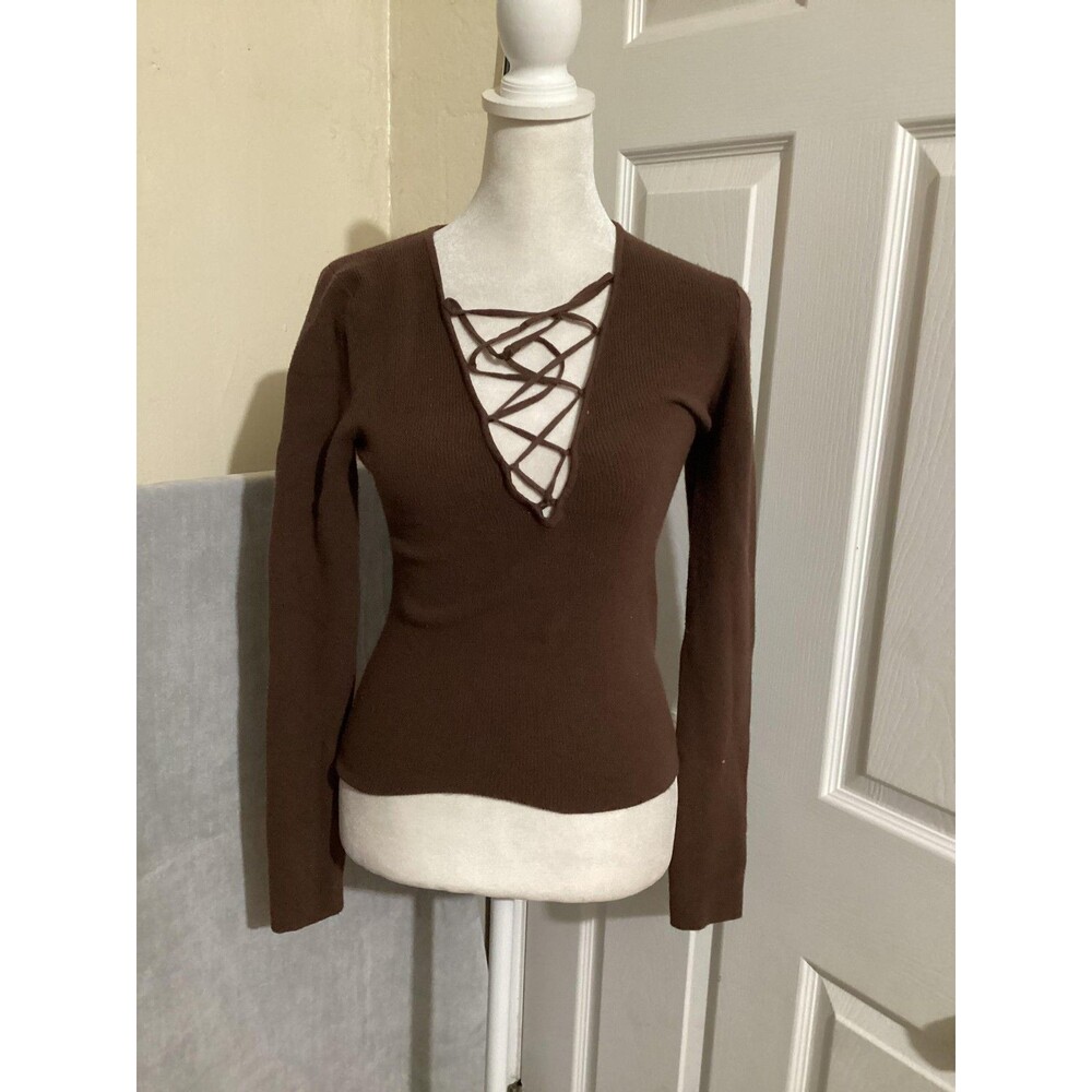 Wilfred Sweater Womens Small Brown Lace Up V Neck Ribbed Knit Long Sleeve Fitted